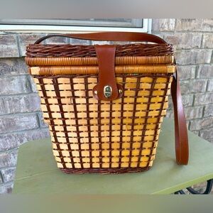 60’s Woven Wicker Shoulder Strap Vertical Lined Country Cottage Picnic Basket